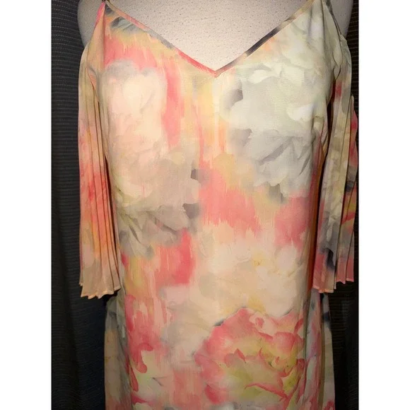 White House Black Market Floral Cold Shoulder Sleeve Dress Pink Yellow 4 H1 - Picture 6 of 10